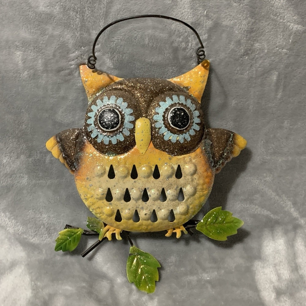 Metal Owl Wall Hanging Decor Multicolor Glitter Accents Folk Art Style 8x7in